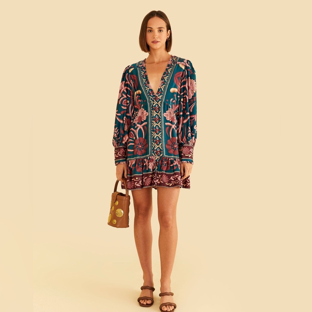 NWOT FARM Rio Teal Seashell Tapestry Lenzing™ Ecovero™ Viscose Mini Dress xs